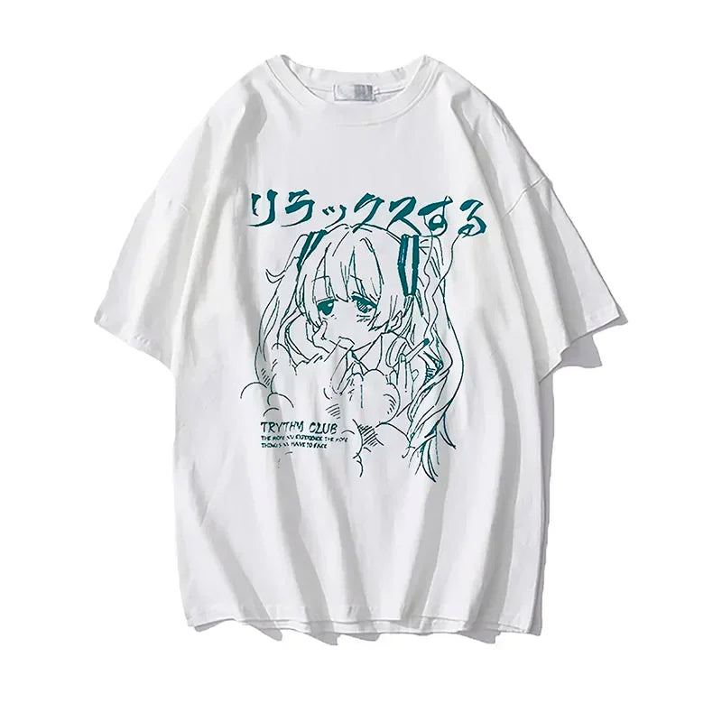 Camiseta Feminina Plus Size Y2K Harajuku – Estampa Anime Kawaii, Oversized, Estilo Grunge