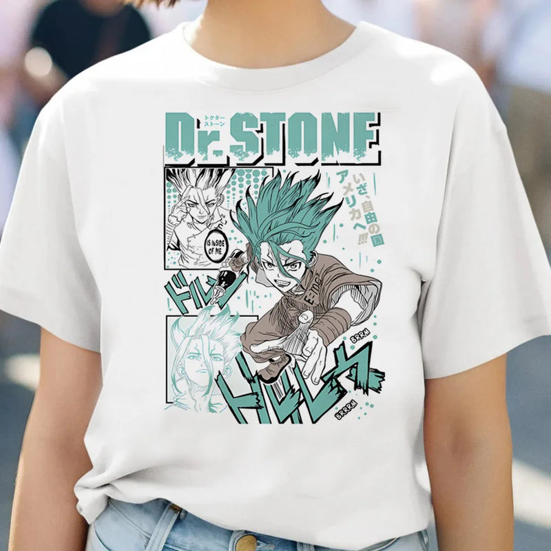 Camiseta Feminina Dr. Stone Harajuku Anime 80s Estética Pop 2000s Hip Hop
