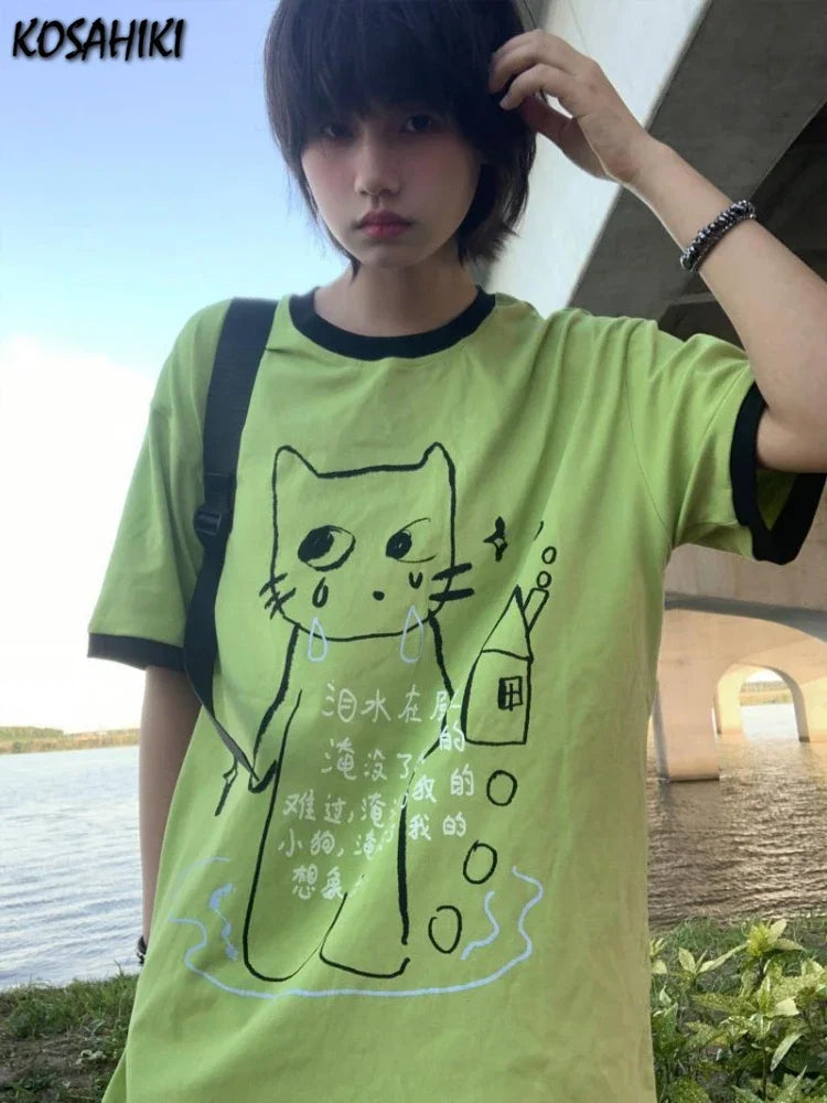 Camiseta Feminina Y2K Harajuku Grunge – Estampa Cartoon, Estilo E-girl