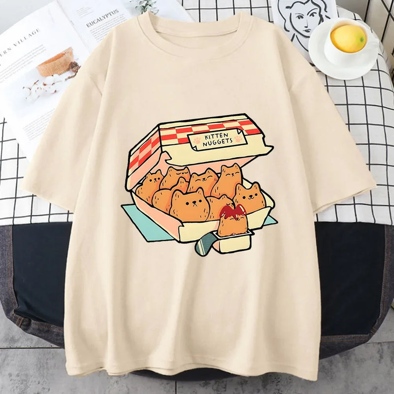 Camiseta Feminina Kawaii Kitten Nuggets – 100% Algodão, Manga Curta, Estilo Streetwear
