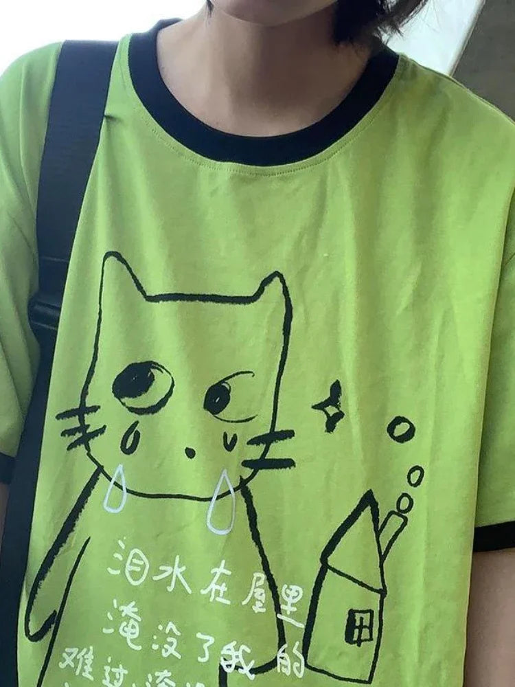 Camiseta Feminina Y2K Harajuku Grunge – Estampa Cartoon, Estilo E-girl