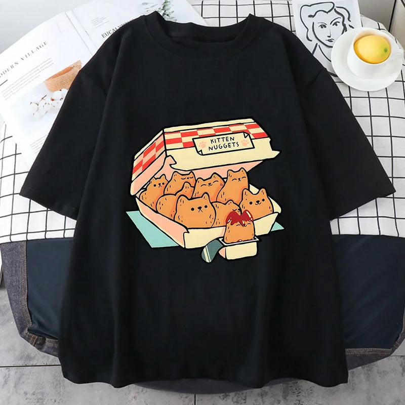 Camiseta Feminina Kawaii Kitten Nuggets – 100% Algodão, Manga Curta, Estilo Streetwear