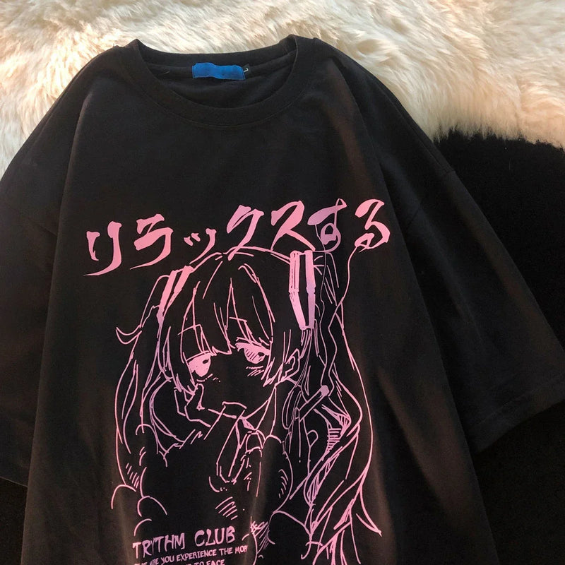 Camiseta Feminina Plus Size Y2K Harajuku – Estampa Anime Kawaii, Oversized, Estilo Grunge