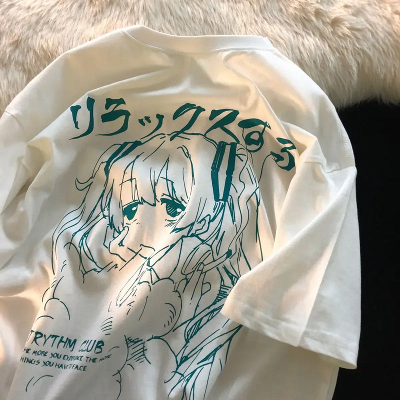 Camiseta Feminina Plus Size Y2K Harajuku – Estampa Anime Kawaii, Oversized, Estilo Grunge