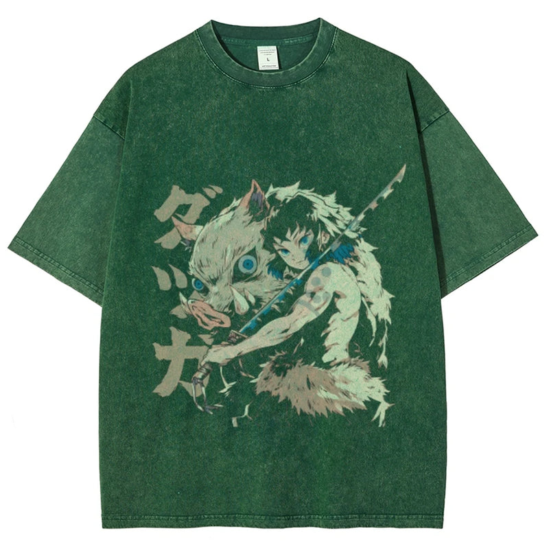 Camiseta Unissex Anime Demon Slayer Hashibira Inosuke Manga Harajuku Algodão Oversized