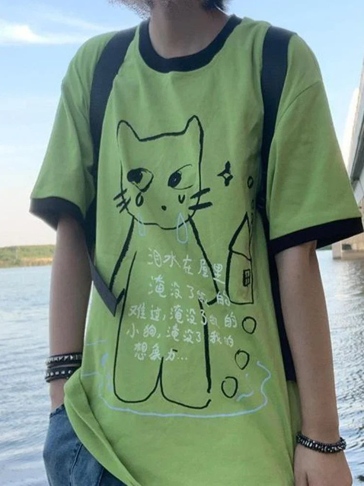 Camiseta Feminina Y2K Harajuku Grunge – Estampa Cartoon, Estilo E-girl