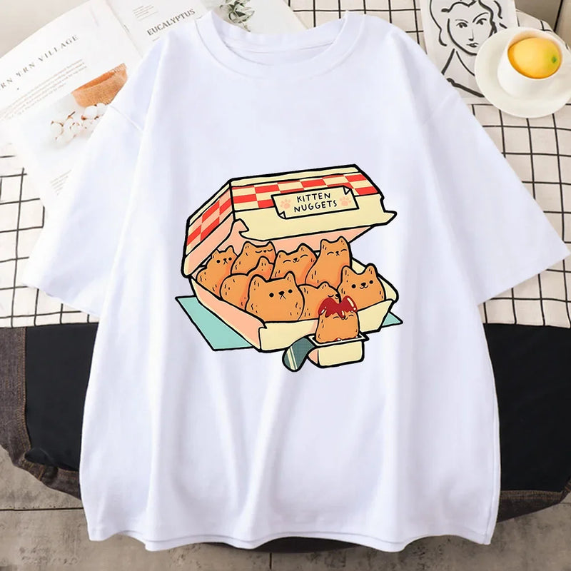 Camiseta Feminina Kawaii Kitten Nuggets – 100% Algodão, Manga Curta, Estilo Streetwear