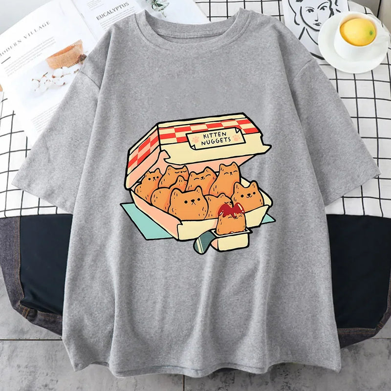 Camiseta Feminina Kawaii Kitten Nuggets – 100% Algodão, Manga Curta, Estilo Streetwear