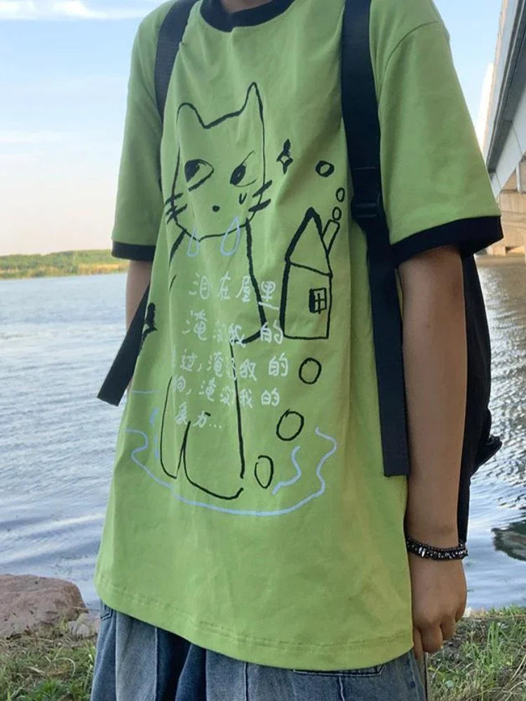 Camiseta Feminina Y2K Harajuku Grunge – Estampa Cartoon, Estilo E-girl