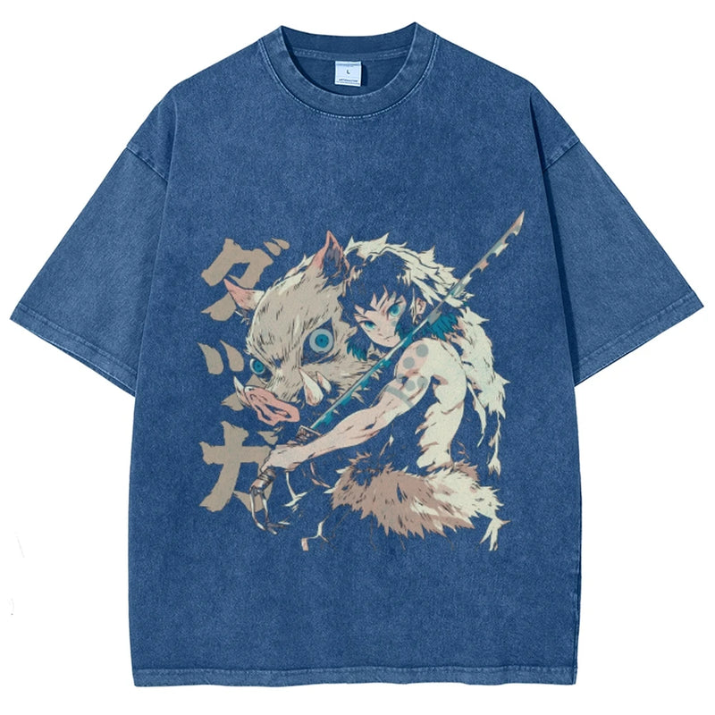Camiseta Unissex Anime Demon Slayer Hashibira Inosuke Manga Harajuku Algodão Oversized