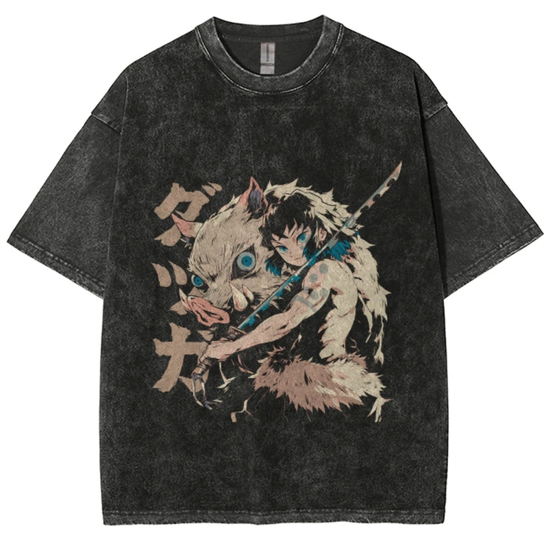 Camiseta Unissex Anime Demon Slayer Hashibira Inosuke Manga Harajuku Algodão Oversized