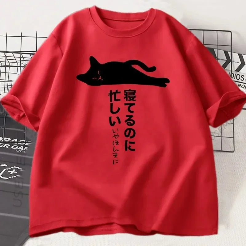 Camiseta Unissex Gato Preguiçoso 2025 – Estilo Japonês, Verão, Manga Curta
