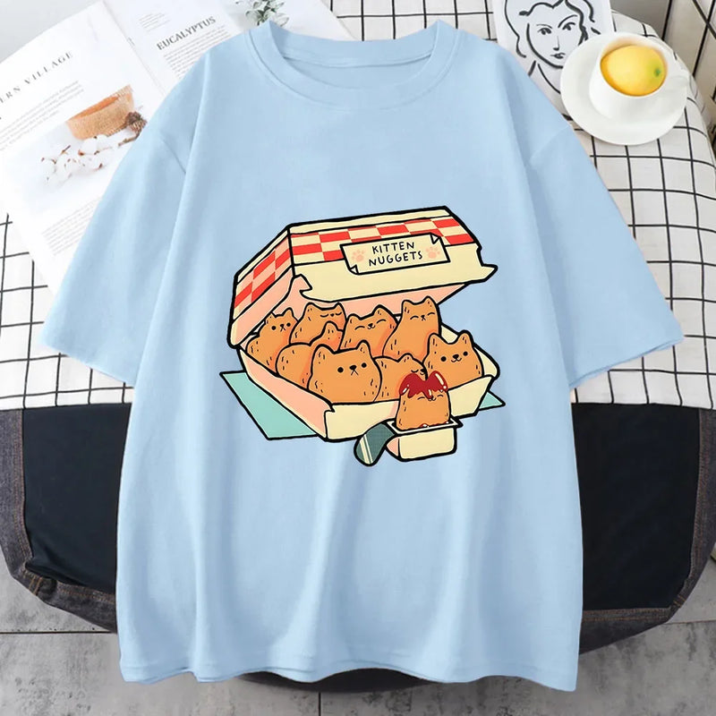 Camiseta Feminina Kawaii Kitten Nuggets – 100% Algodão, Manga Curta, Estilo Streetwear