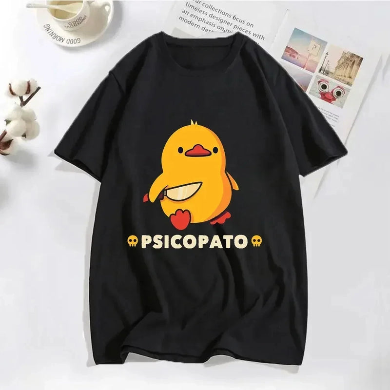 Camiseta Feminina Verão Estampa Pato com Faca – Estilo Y2K, Divertida e Estética