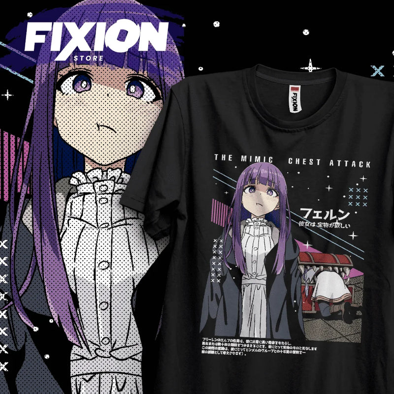 Camiseta Anime Frieren Fern Cara y Mimic Algodão Unissex