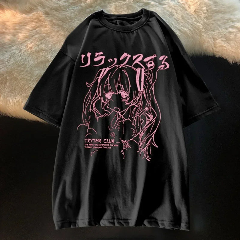 Camiseta Feminina Plus Size Y2K Harajuku – Estampa Anime Kawaii, Oversized, Estilo Grunge