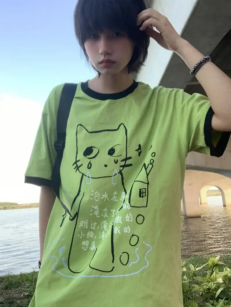 Camiseta Feminina Y2K Harajuku Grunge – Estampa Cartoon, Estilo E-girl